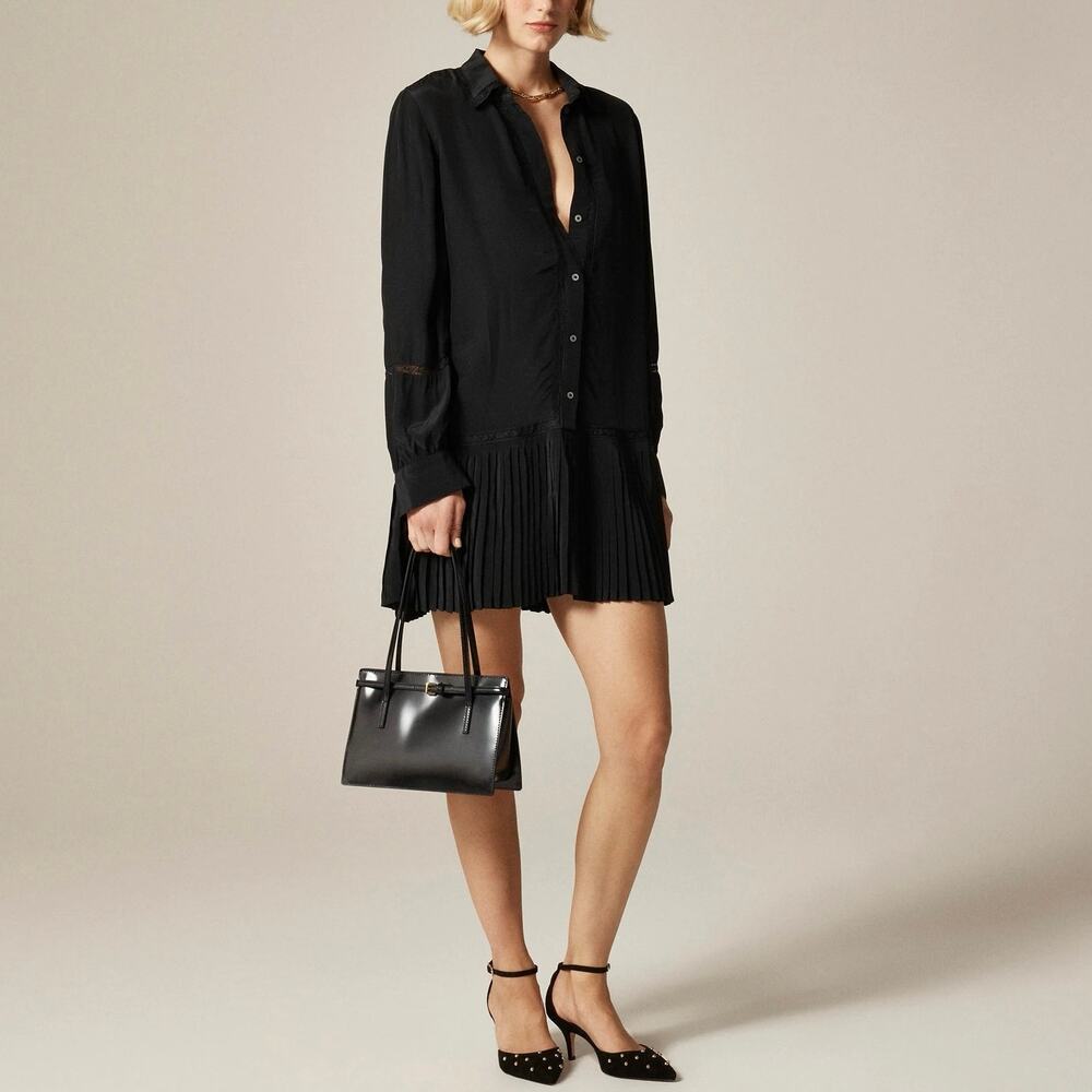 NWT J.Crew New Amelia Shirt-Dress In Crepe De Chine Pleated Black Size Large